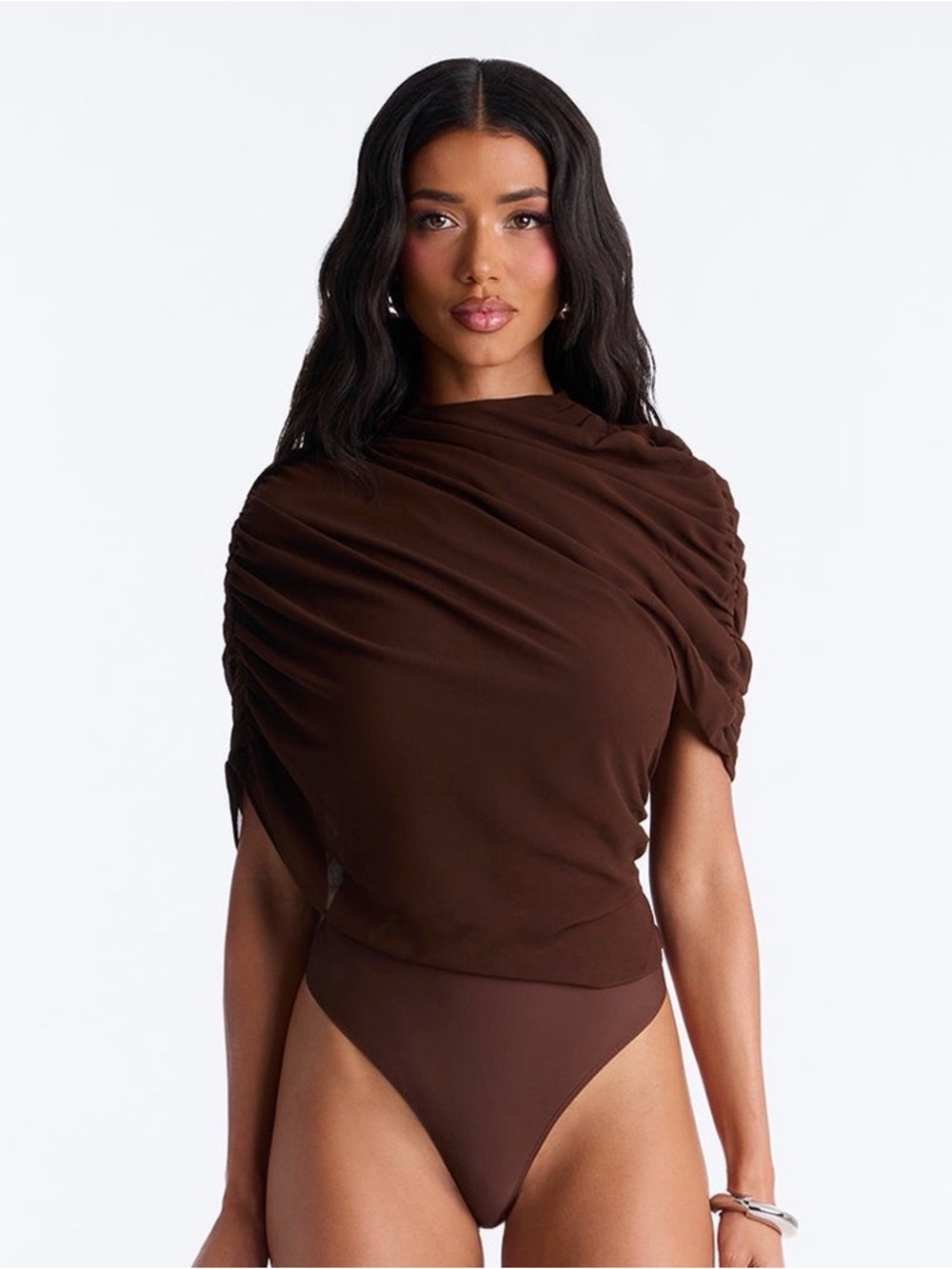 Fashion Nova Draped Brown Ruched Bodysuit